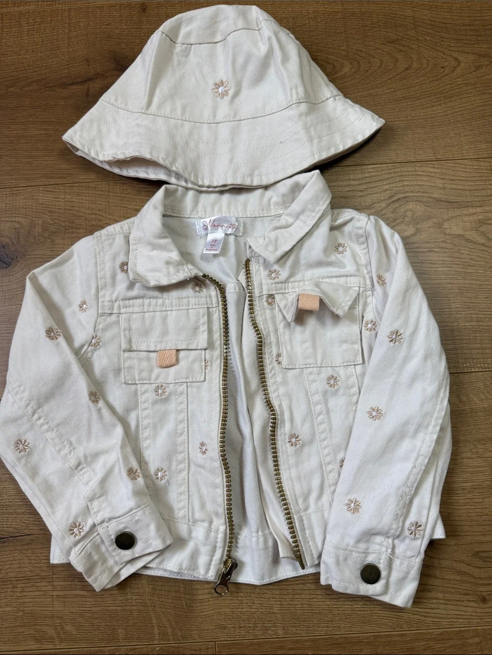 Girls' Tan Cargo Pants with matching Denim Jacket and Bucket Hat w/ Floral Trim